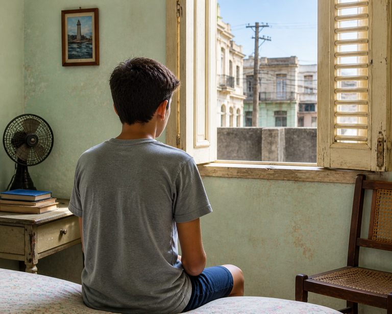 Imagen de un niño de espaldas mirando por una ventana