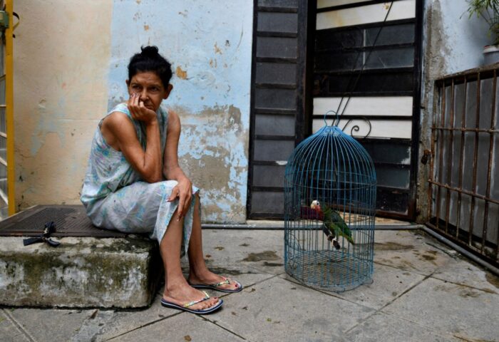 cubana junto a una cotorra